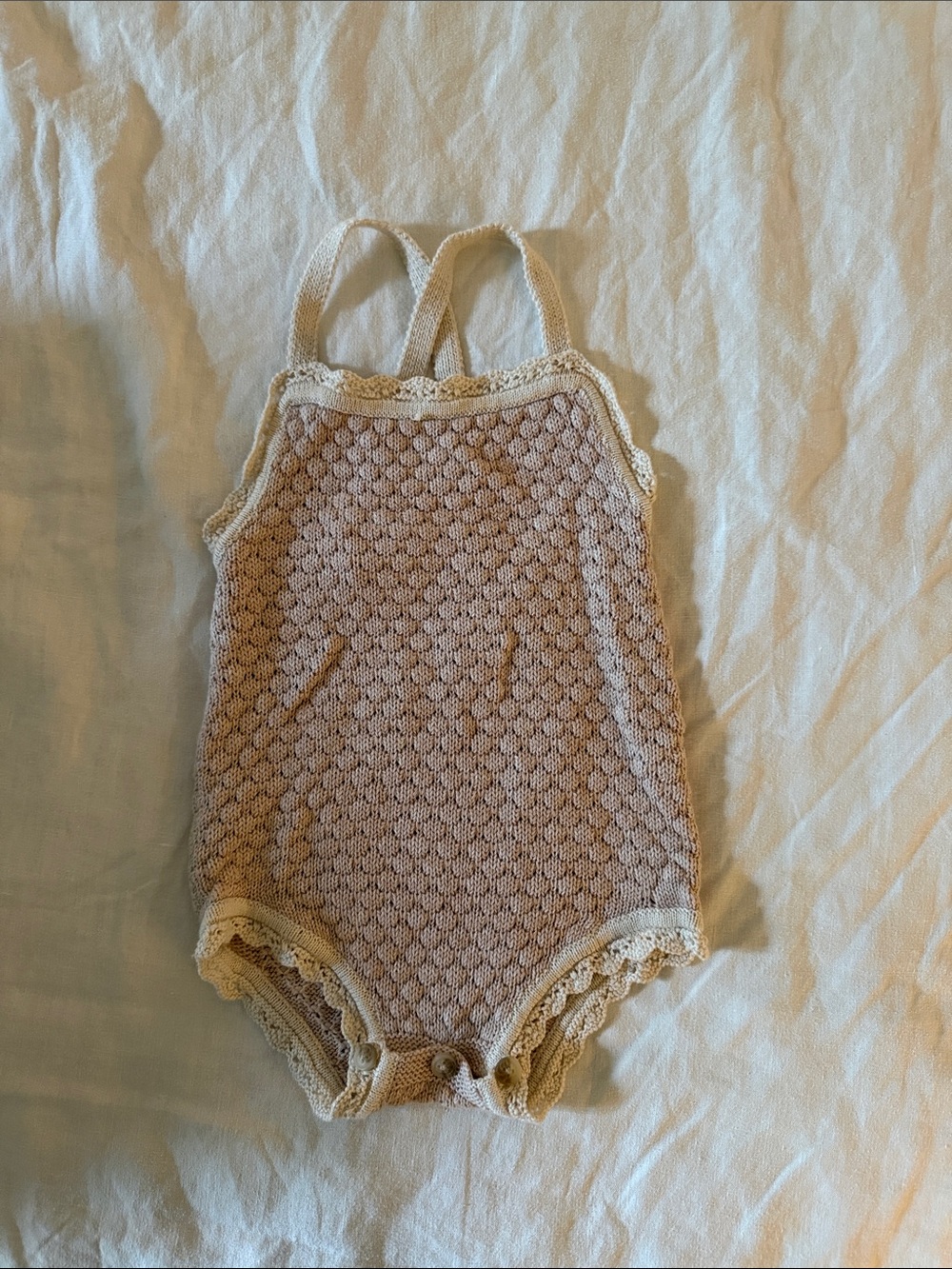 Knitted Cream Baby One-Piece with Lace Trim